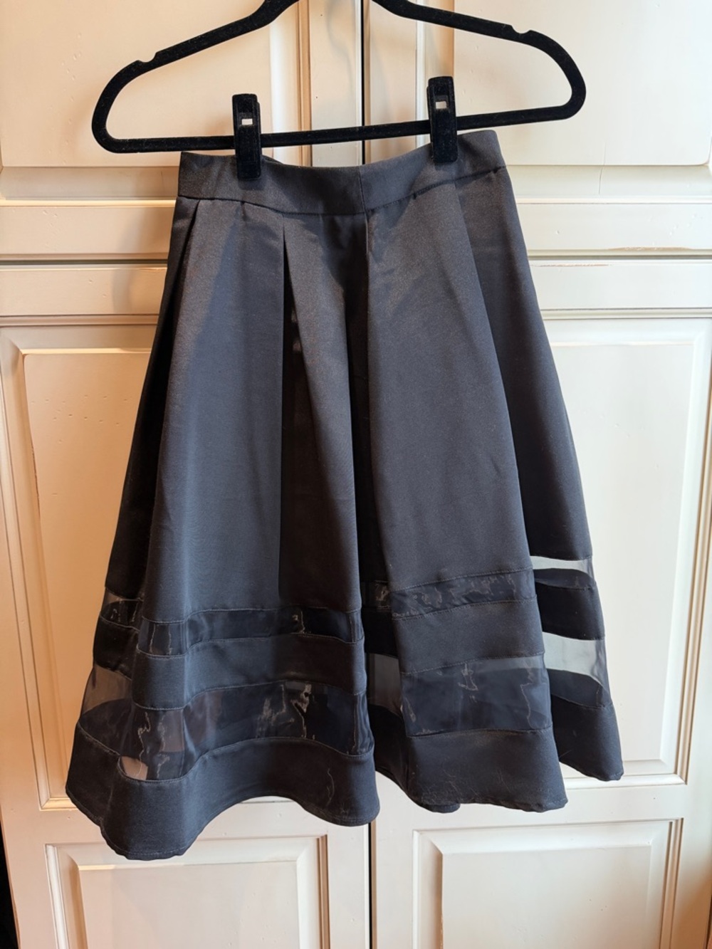 Express Black Circle Skirt with Sheer Panel Details. Andrey Hepburn style